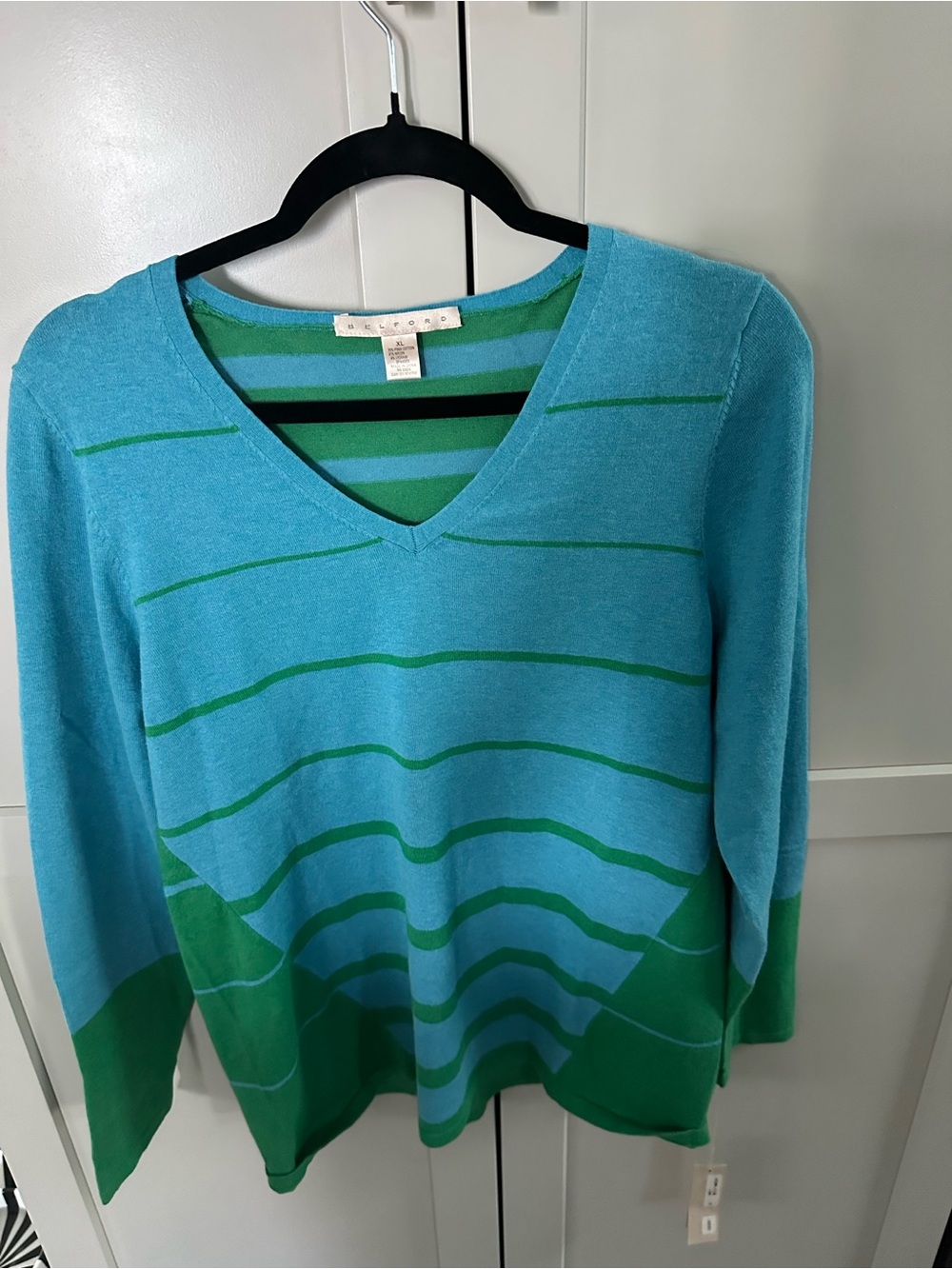 Belford Women’s V-Neck Striped Sweater in Aqua and Green NWT XL